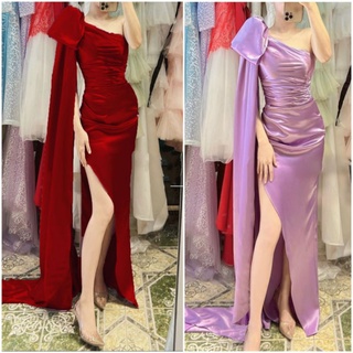 Đầm váy dạ hội body lụa xẻ tà phối nơ và tà vai