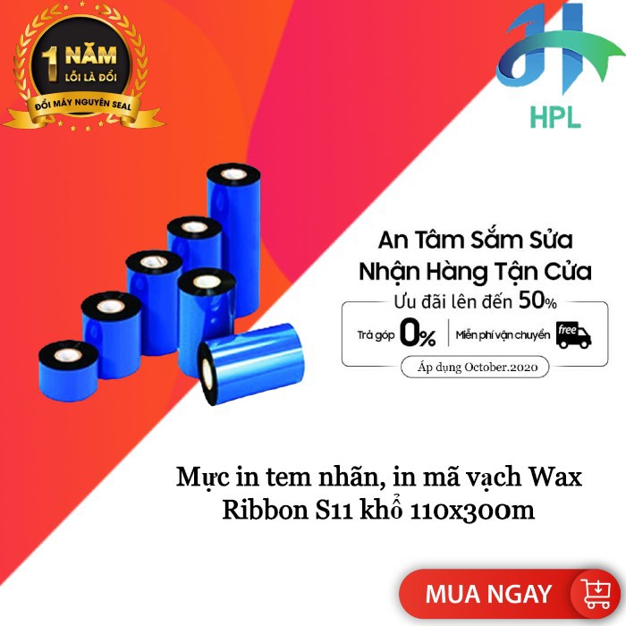 Mực in tem nhãn, in mã vạch Wax Ribbon S11 khổ 110x300m