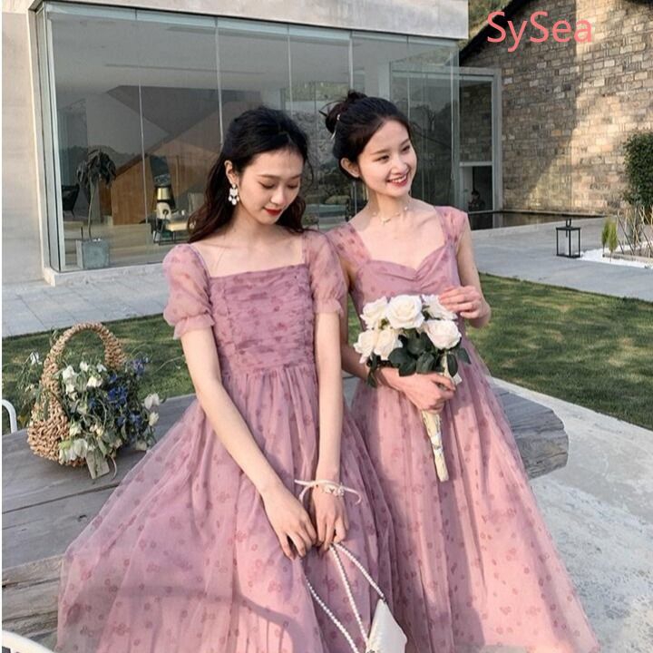 Women Pink Floral Mesh Dress Summer Short-sleeved A-line Dress