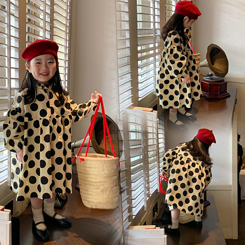 Đầm Công Chúa Tay Dài Cổ Đứng Cài Khóa Họa Tiết Chấm Bi Kiểu Hàn Quốc Thời Trang Mùa Thu Cho Bé