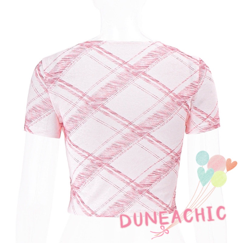 DUNEA Áo Croptop Tay Ngắn Cổ Chữ V Thắt Nút Họa Tiết Sọc Caro Phong Cách Quyến Rũ