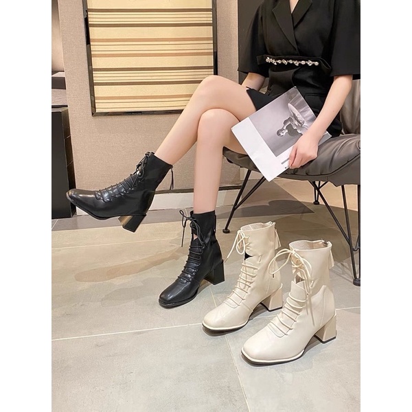 Giày boots cao gót đế dày ống giữa trend2021