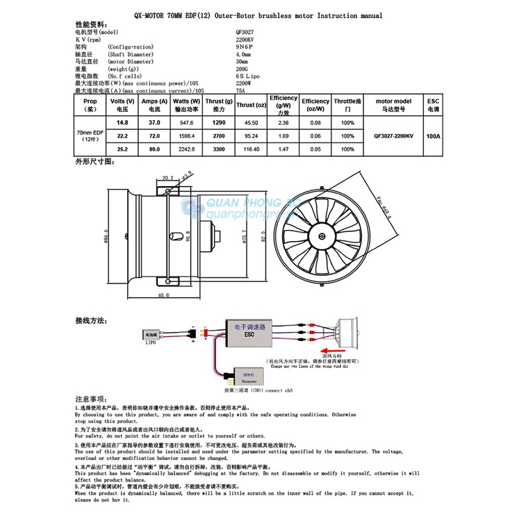 Động cơ QX Ducted Fan 6S 70mm EDF 2.7kg Pull Force 12 Blades QF3027 2200KV CCW Brushless Motor