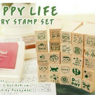 Bộ 25 con dấu gỗ Happy Life (kèm khay mực dấu đỏ 4*4cm)