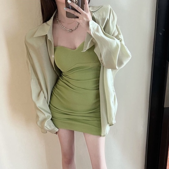 [MURIOKI] Set Đầm 2 Dây + Áo Sơ Mi Tay Dài Dáng Ôm Phong Cách Hàn Quốc Thời Trang 2022 Quyến Rũ Cho Nữ