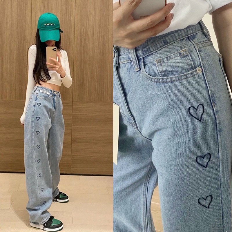 QUẦN JEANS THÊU TIM ỐNG RỘNG ( kèm video &amp; ảnh thật )