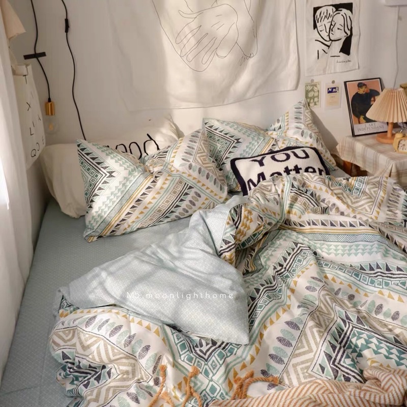 Set Bộ Vỏ Cotton Living Hoạ Tiết Thổ Cẩm Xanh Siêu Hot _ shinbedding