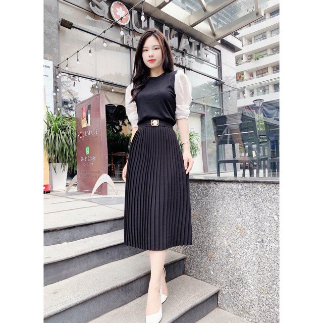 Set áo cổ tròn tay voan bồng phối chân váy xếp ly S1601 Helina Fashion [ảnh thật]