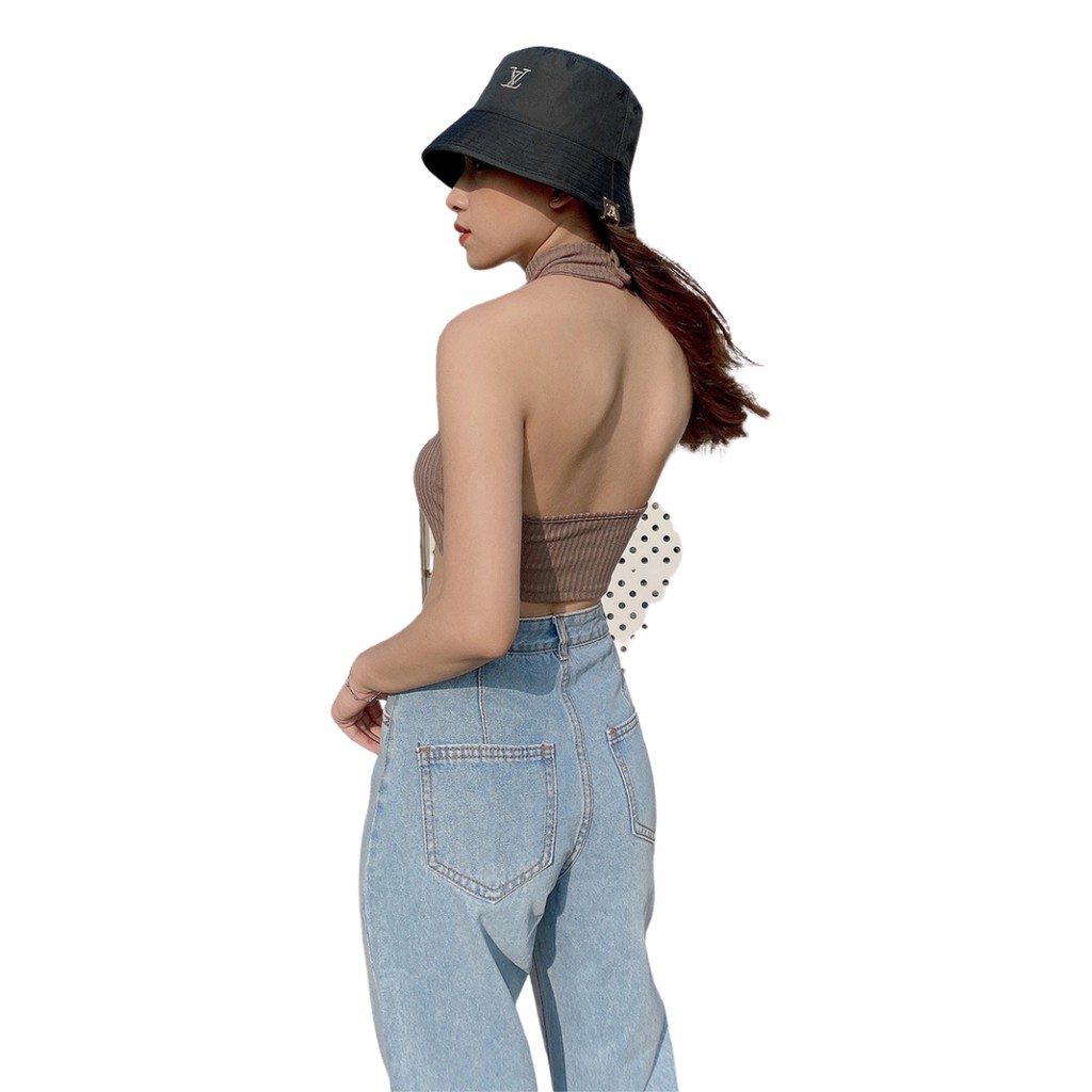 Áo Yếm Croptop Nữ, Cổ Lọ Gài Nút Freesize, Thun Gân 4 Chiều Cao Cấp - La Boutique