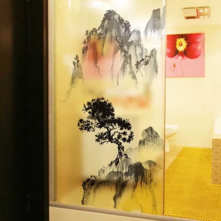 Decal trang trí kính cao cấp mẫu Ngọn Núi lớn và cây to (60cm x 116cm)