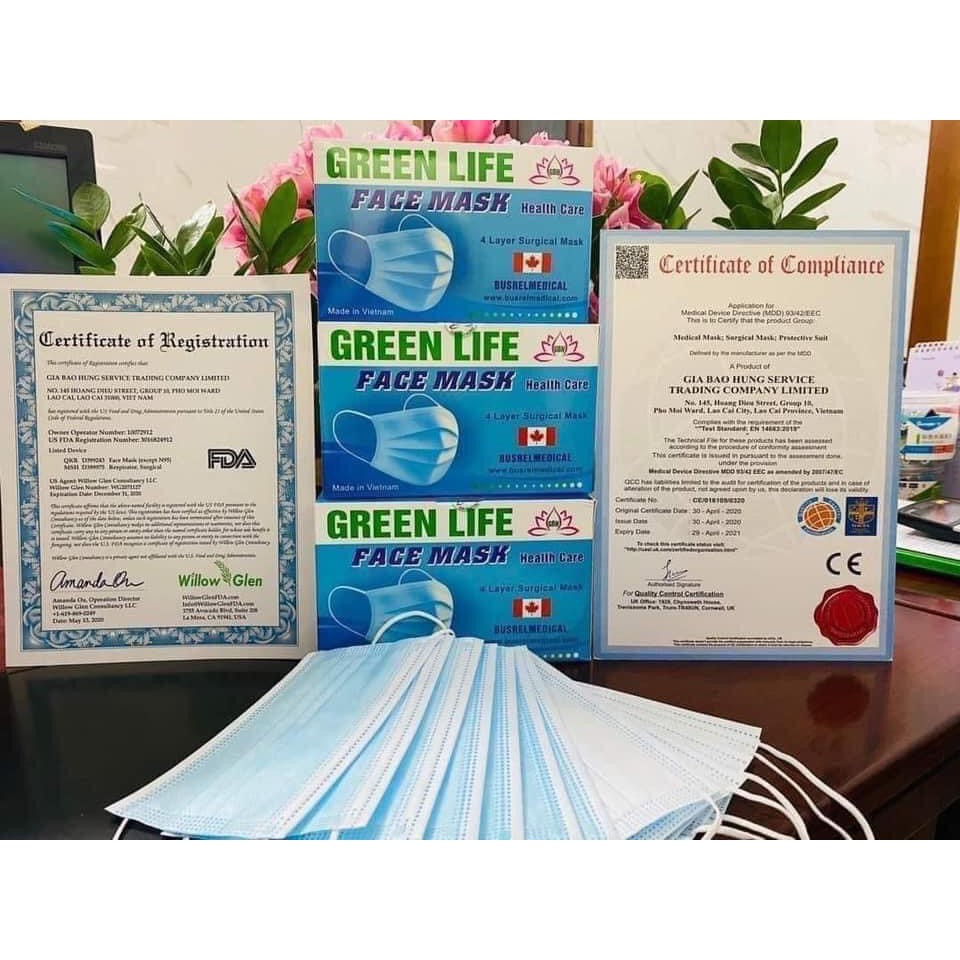 Hộp 50c khẩu trang y tế 4 lớp Green Life tác dụng Kháng Khuẩn,Lọc khói bụi độc hại