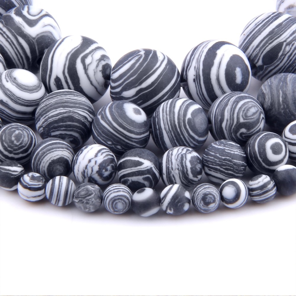 Chuỗi hạt đá malachite trắng đen nhám cho trang sức DIY
