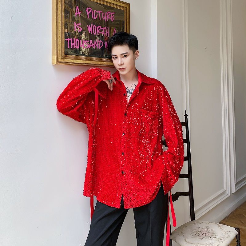 Áo Sơ Mi Đỏ Đính Kim Sa Phản Quang Lấp Lánh Hợp Thời Trang Biểu Diễn Sân Khấu Tiệc Biểu Diễn