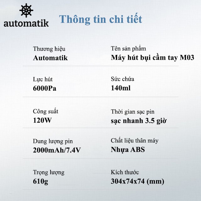 Máy Hút Bụi Ô Tô Không Dây Mini Cầm Tay cho Xe Hơi, Gia đình tặng kèm lõi lọc và túi M03 - Automatik | BigBuy360 - bigbuy360.vn