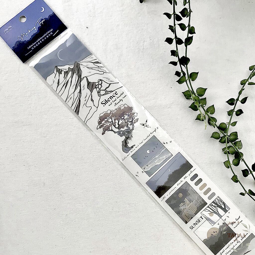 Sticker vintage phong cảnh bầu trời retro hoa lá và núi rừng