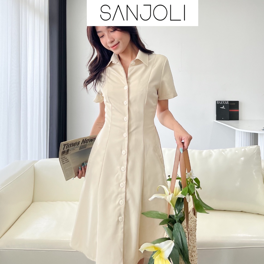 Váy sơ mi maxi Sanjoli dáng dài xòe tay ngắn có hàng nút phong cách hàn quốc vintage VD033