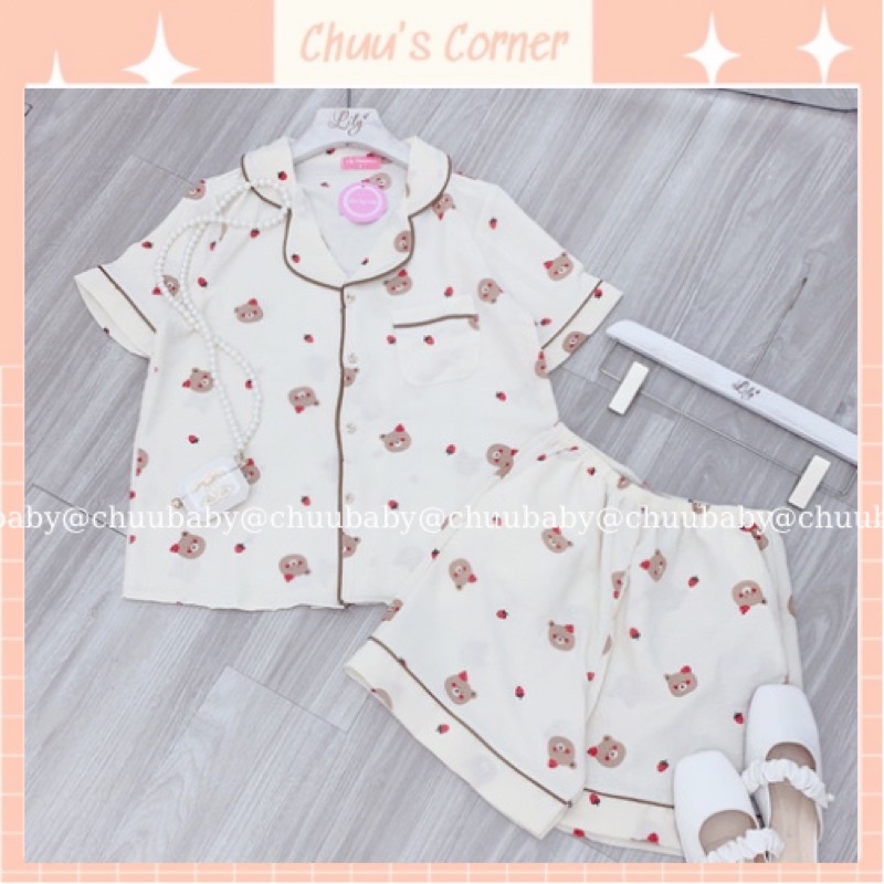 Đồ ngủ nữ, đồ bộ mặc nhà, pijama tay cộc quần đùi vải đũi xốp hoạ tiết dễ thương