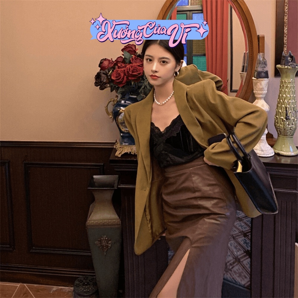 Set áo khoác blazer + áo hai dây nhung phối ren + chân váy da phong cách cổ điển SAV008 Xưởng Của Vi