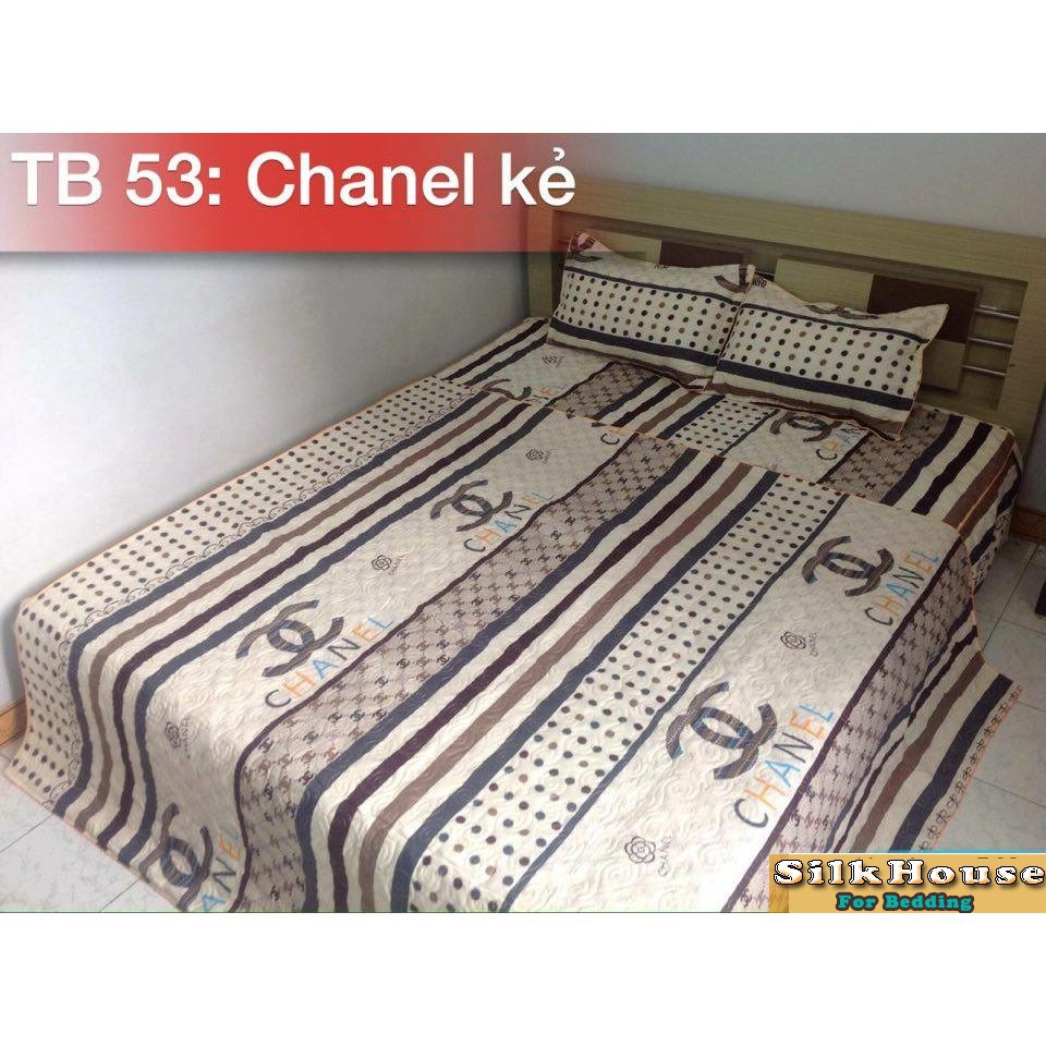 Bộ 5 Món Chăn Hè Ga Gối - Drap Giường Cotton Poly Chanel Xám Chấm Bi SHOPGIADUNGUYTIN