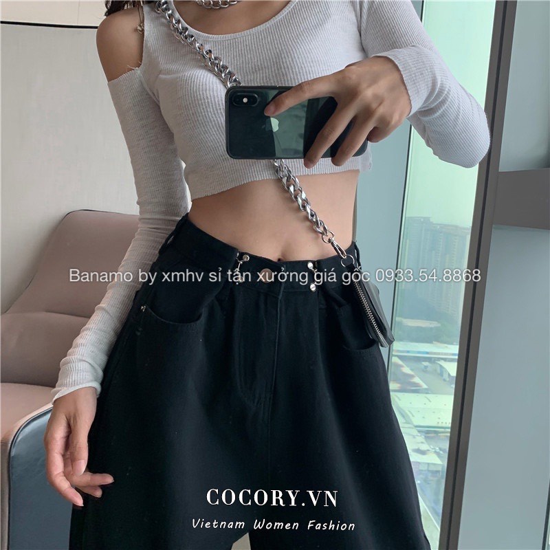 Quần jean nữ phối khuy gài eo cạp cao phong cách Ulzzang Hàn Quốc thời trang Banamo Fashion quần jean nữ cài eo 969