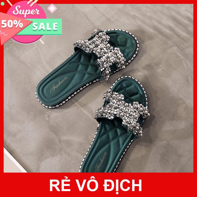 BH 6 tháng_Dép nữ cao cấp_Dép nữ chữ H đế bệt, đính đá. Dép sandal nữ chữ H đế bệt, đính đá.