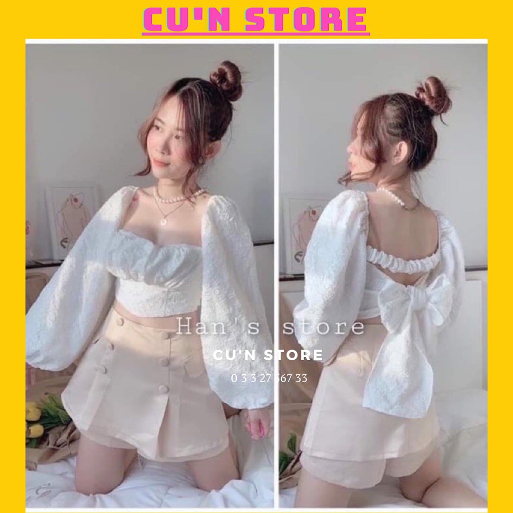 Áo XỐP XỊN bồng tay dài có mút ngực sẵn cột nơ hở lưng sau nữ - Cun Store