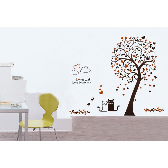Decal trang trí tường Cây Trái Tim và Cặp Mèo đáng yêu Love Cat