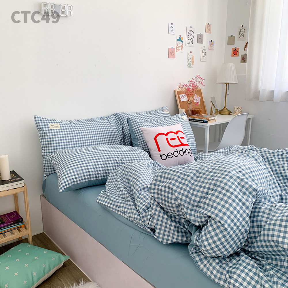 Bộ chăn ga gối Cotton TC REE Bedding sọc caro 4 món nhiều màu đẹp