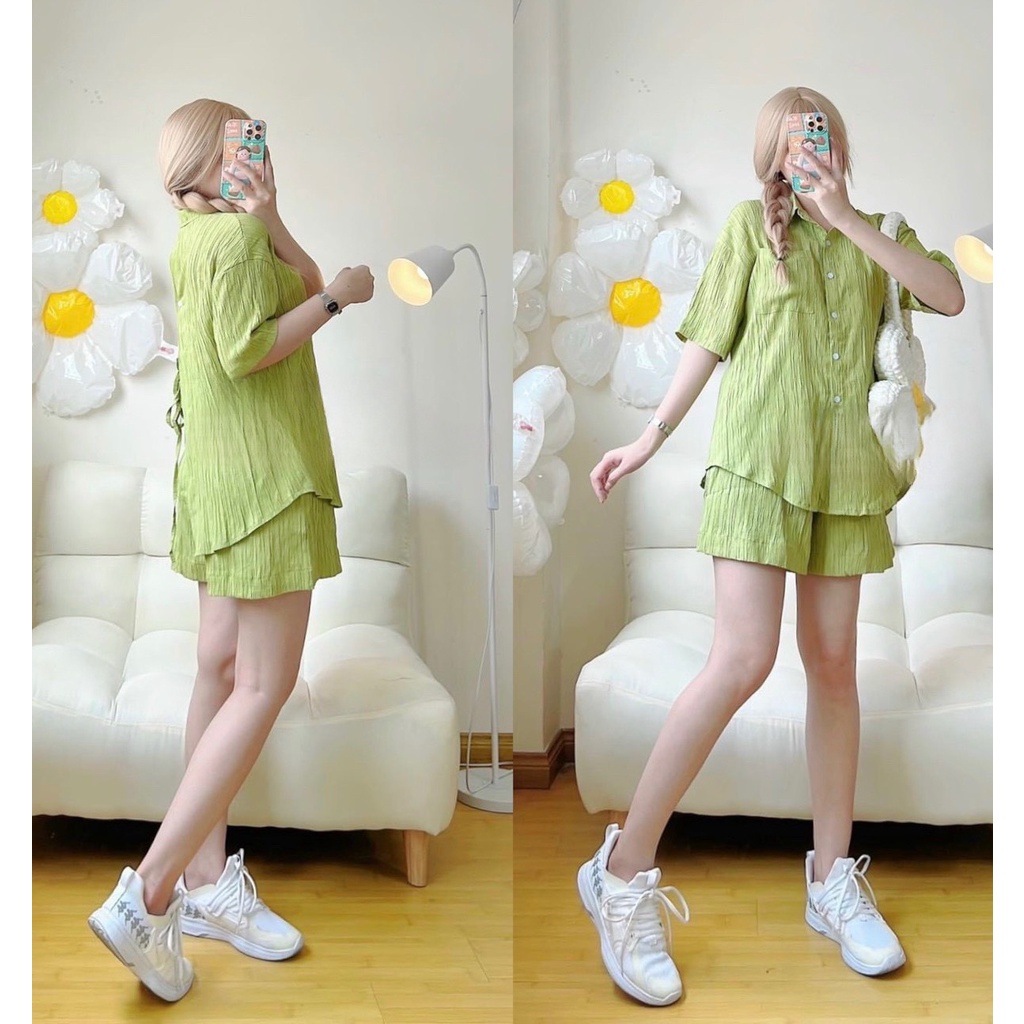 Set Bộ Áo Sơ Mi Dây Buộc Lưng Quần Short Vải Đũi Gân - Quần Đùi Áo Somi Cộc Tay Dáng Thụng  QM|SU