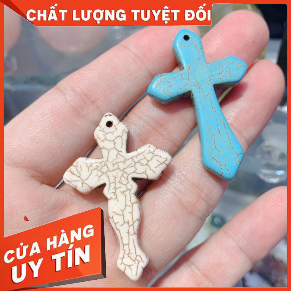 Mặt dây chuyền thánh giá Turquoise xanh ngọc và trắng vân rạn