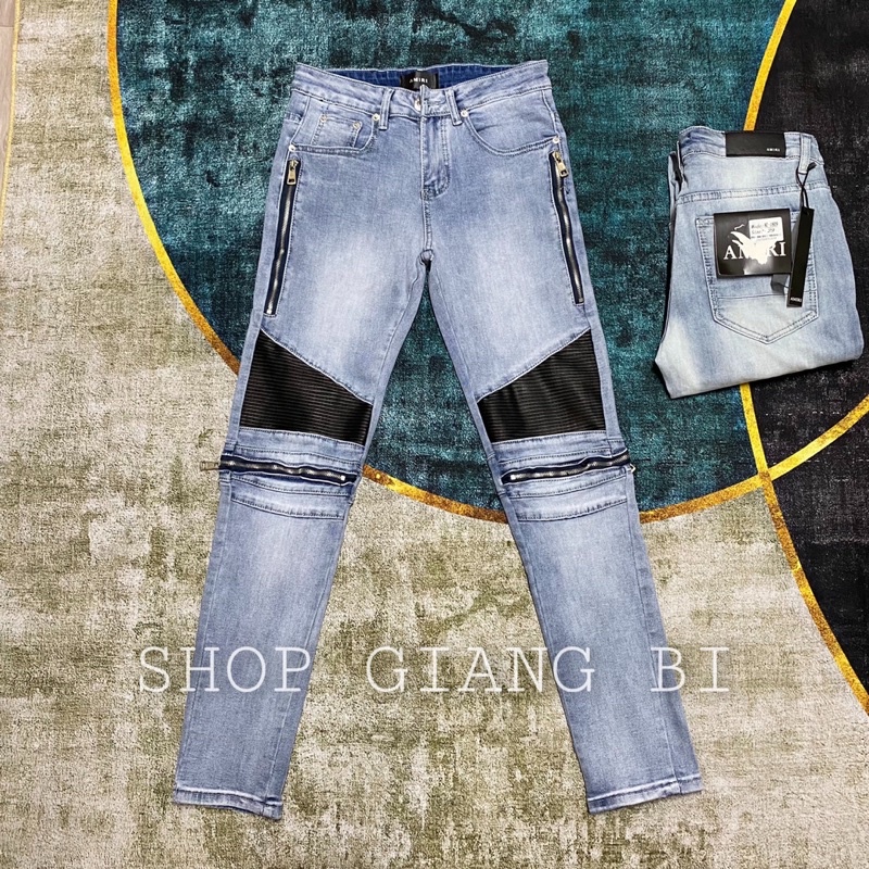 Quần jean vá da nhăn phối khoá dọc,quần bò vá nhăn phối khoá ngang