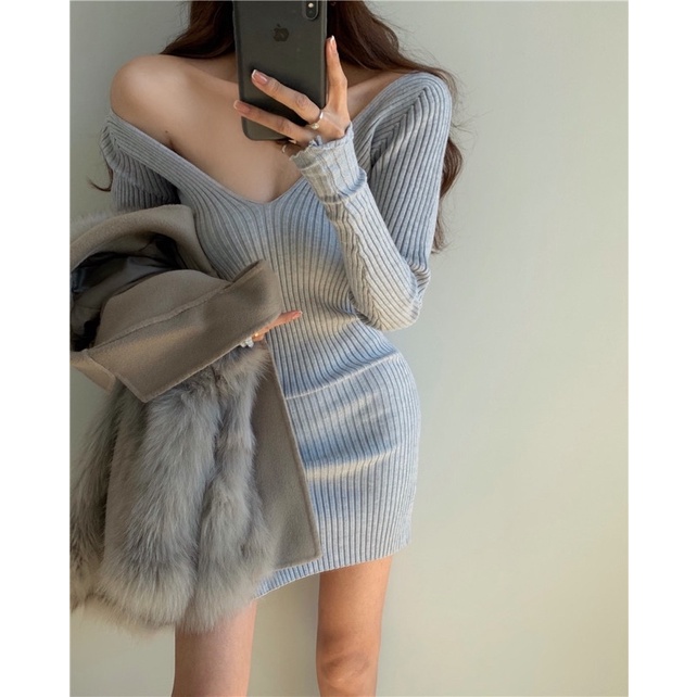 ĐẦM LEN BODY CỔ CHỮ V DÀI TAY XẺ TÀ TÔN DÁNG NỮ ULZZANG7