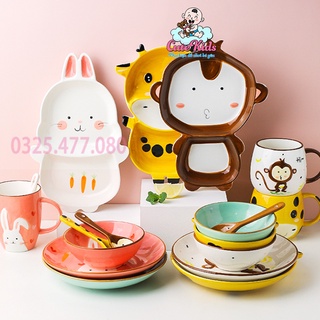 Bộ Chén bát 5 món gốm sứ cao cấp khay ,đĩa ,bát ,cốc , thìa hình hoạt hình ngộ nghĩnh - Cutekids .