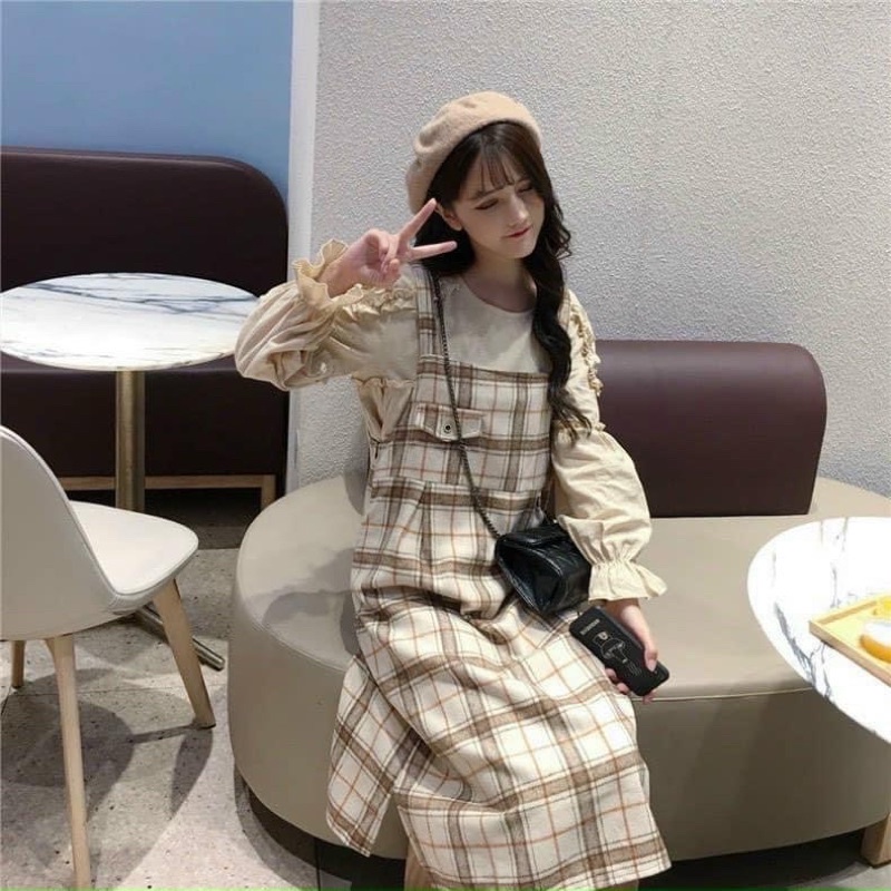 SET ÁO KIỂU SƠ MI TAY DÀI mix YẾM ĐẦM CARO