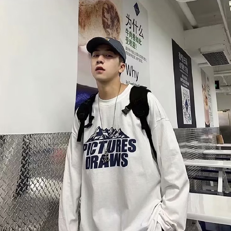 Áo Thun Tay Dài Cổ Tròn Dáng Rộng In Chữ Phong Cách Hip Hop Nhật Bản Thời Trang Cho Nam Cỡ M-5XL