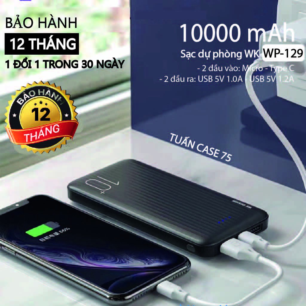 Pin Sạc Dự Phòng WK Chính Hãng WP-129 ⚡ 10.000 mAh 2 Cổng USB