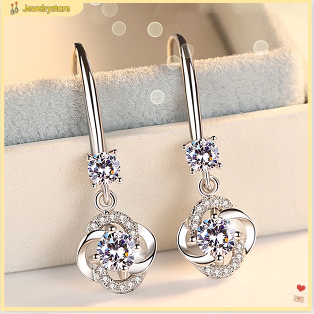 Đôi khuyên tai hình cỏ bốn lá đính đá Zirconia lấp lánh sang trọng cho nữ