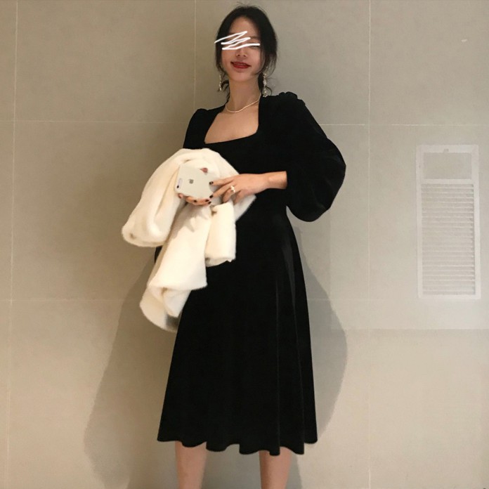 (ORDER) Váy nhung xòe dài tay cổ vuông bo eo sang chảnh kiểu Pháp đơn giản | BigBuy360 - bigbuy360.vn