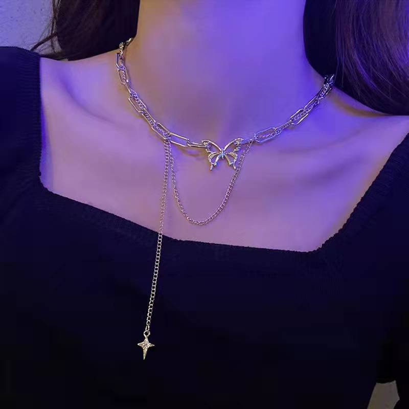 Vòng cổ Tua Rua Mạ Bạc Y2K Mặt Hình Bướm/Chữ Thập Cho Nữ
