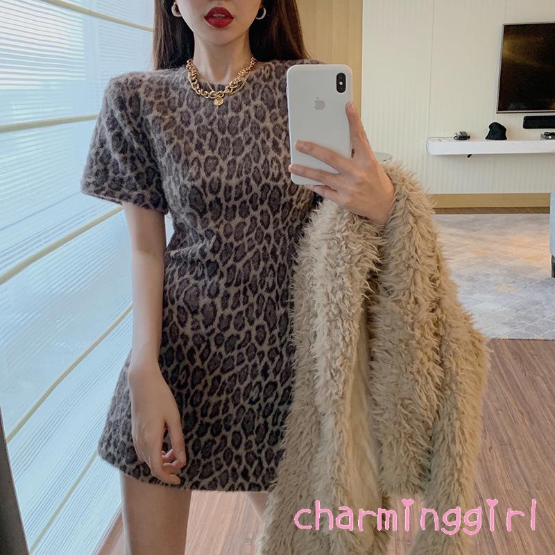 Đầm tay ngắn cổ thuyền họa tiết da báo quyến rũ cho nữ
