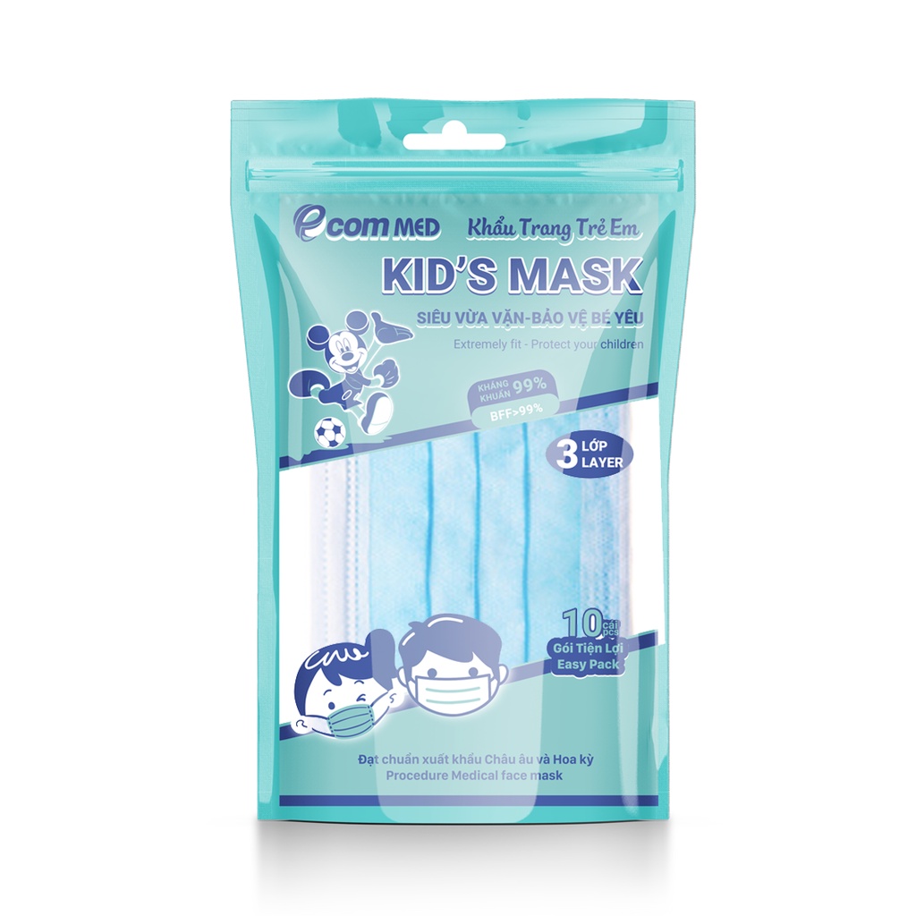 Combo 10 Bịch Khẩu Trang Y tế Trẻ Em EcomMed thông thoáng không đau tai (Bịch 10 cái) - Đạt chuẩn FDA