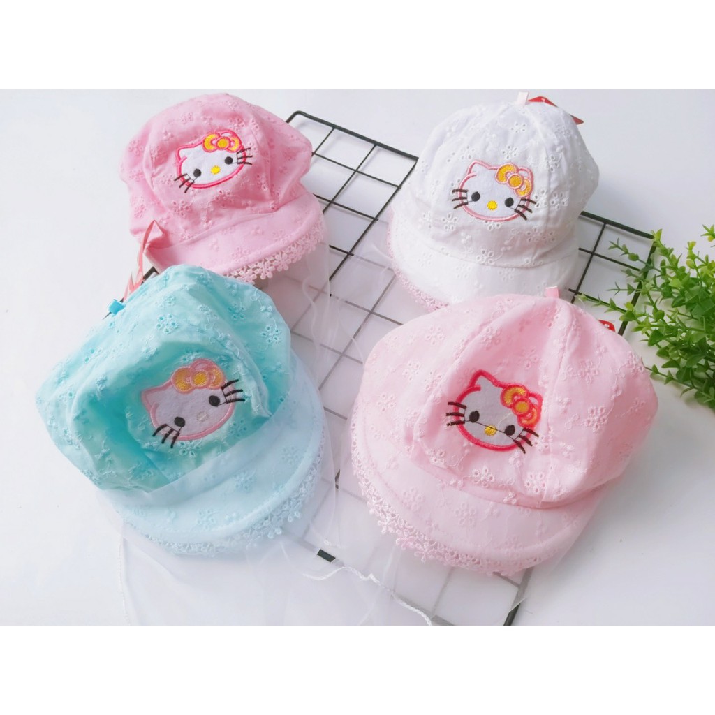 Mũ/ Nón cho bé sơ sinh đẹp có khăn voan che mặt chống bụi cho trẻ đi tiêm phòng an toàn_Mã Kitty