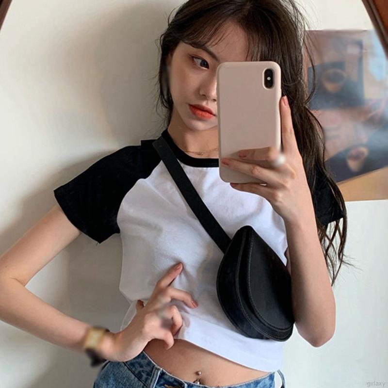 Áo thun dáng lửng ngắn tay phối màu sắc thời trang mùa hè Hàn Quốc năng động cho nữ