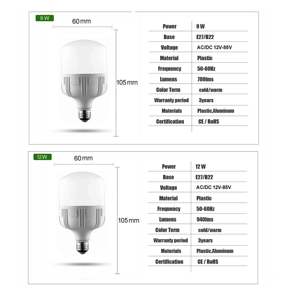 Bóng Đèn LED E27 B22 3W 6W 9W 12W 12W 15W 18W AC DC 12V 24V 36V 12-85V SMD 2835 Ánh Sáng Trắng Ấm Hiệu Quả