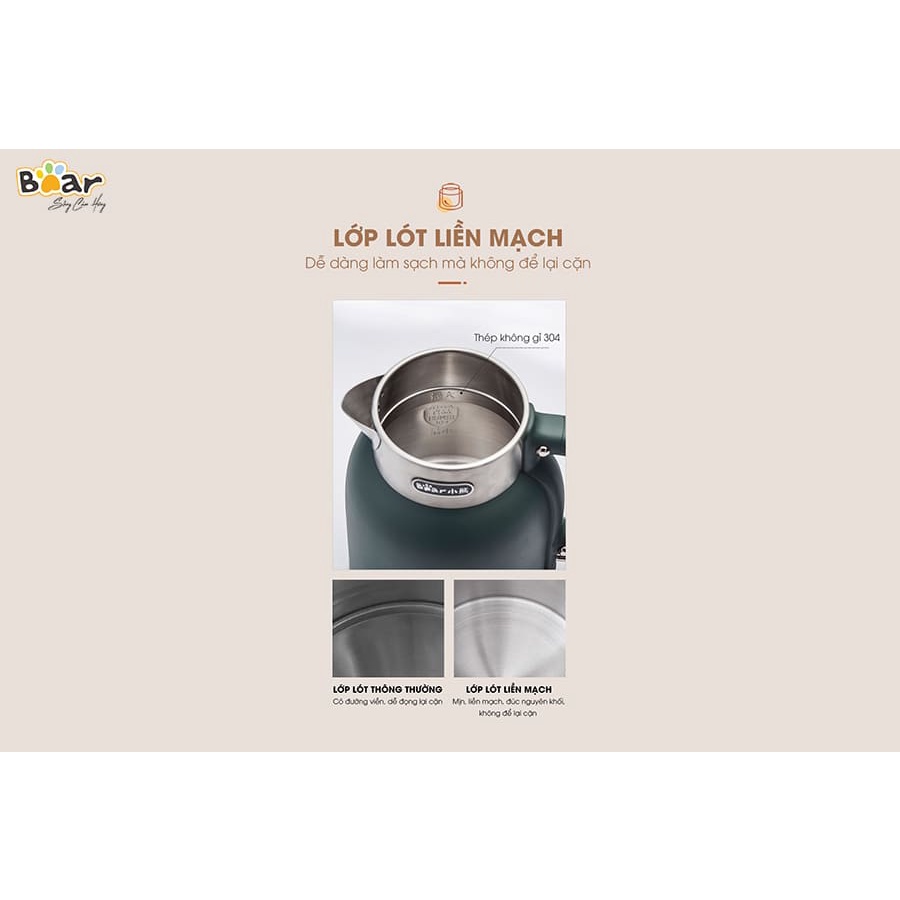 Ấm siêu tốc điện mini 1.7L Bear ZDH-D17K2, 1800W, nấu nước sôi nhanh, lõi inox 304, an toàn, Hàng Chính Hãng, BH 12th