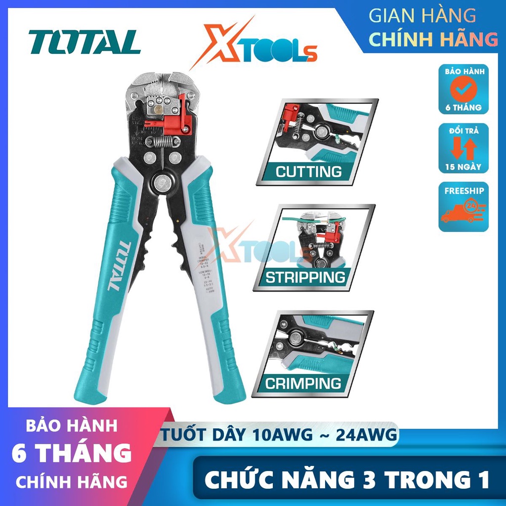Kìm tuốt dây điện tự động TOTAL THT15246 3 chức năng tuốt, cắt, uốn dây điện đồng và nhôm - CHÍNH HÃNG- XTOOLS