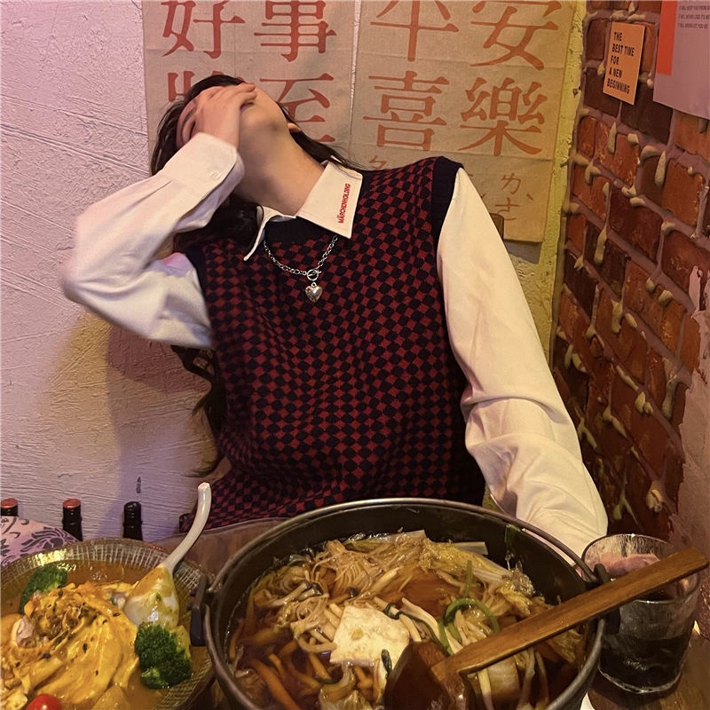 Áo dệt kim sát nách cổ tròn màu sắc tương phản thời trang mùa thu Hàn Quốc cho nữ