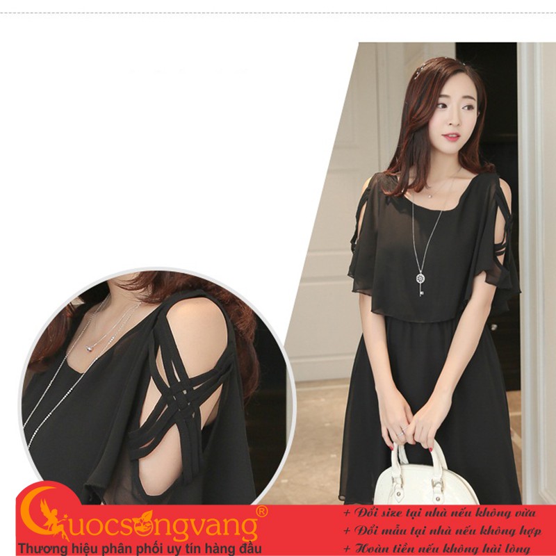 Váy đầm voan hở vai ngắn tay hai lớp ngang gối kiểu Hàn Quốc GLV001 Cuocsongvang