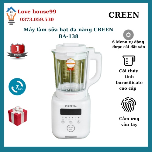 Máy làm sữa hạt máy xay sinh tố xay nấu đa năng CREEN BA-138 1.75Lcông suất 800W bảo hành chính hãng 12 tháng