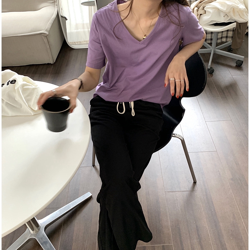Ready Stock women's basic t-shirt causal v-neck short sleeve solid color tshirt  24W521